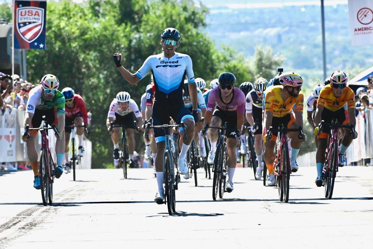 Ulises Castillo (iSpeed-Felt) win's the men's race at 2024 Salt Lake Criterium p/b LHM-CC ahead of REIGN Storm Racing's Jordan Parra and Danny Summerhill