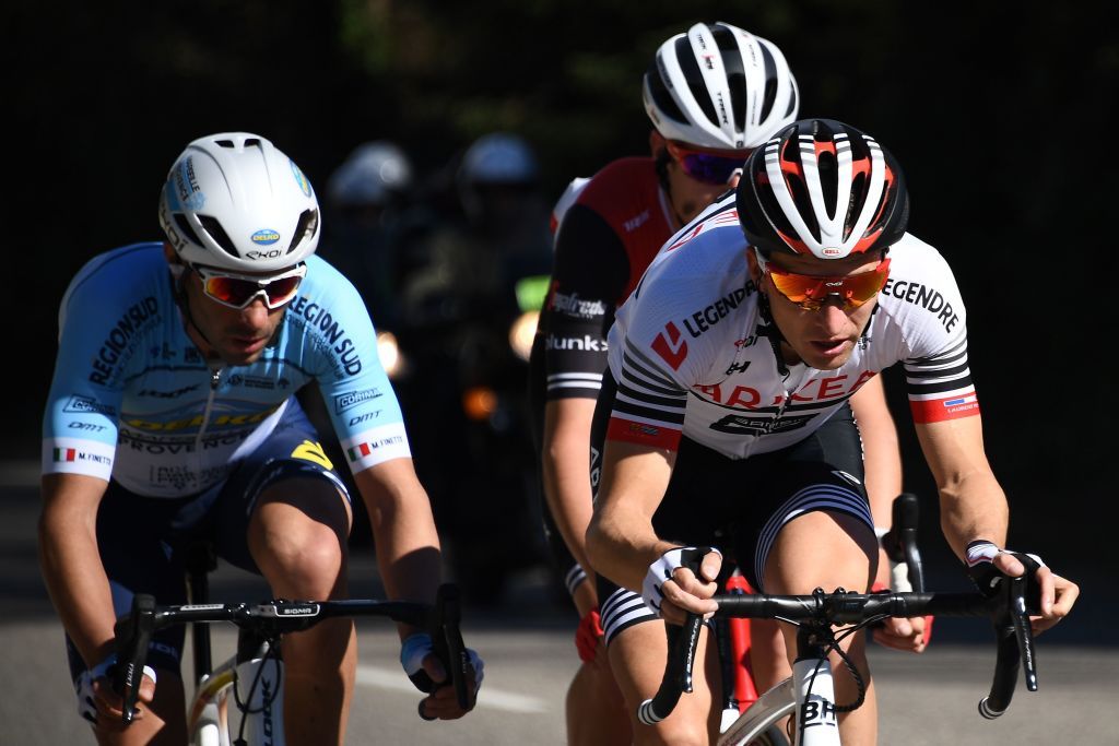Alex Kirsch (Trek-Segafredo), Laurent Pichon (Arkea-Samsic) and Mauro Finetto (Delko-Marseille-Provence) in the breakaway