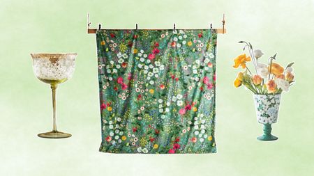 Three new Anthropologie homeware pieces including a green vase, green wine glass, and green floral bedding on a green gradient