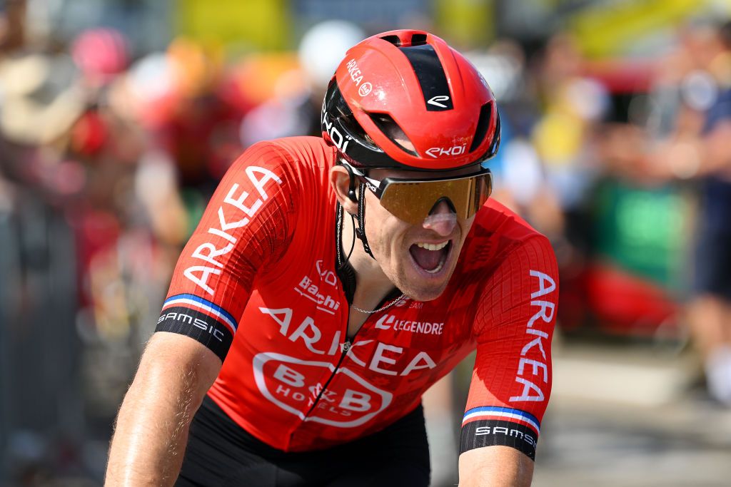 VILLENEUVESURLOT FRANCE JULY 11 Arnaud Demare of France and Team Arkea BB Hotels crosses the finish line during the 111th Tour de France 2024 Stage 12 a 2036km stage from Aurillac to VilleneuvesurLot UCIWT on July 11 2024 in VilleneuvesurLot France Photo by Dario BelingheriGetty Images