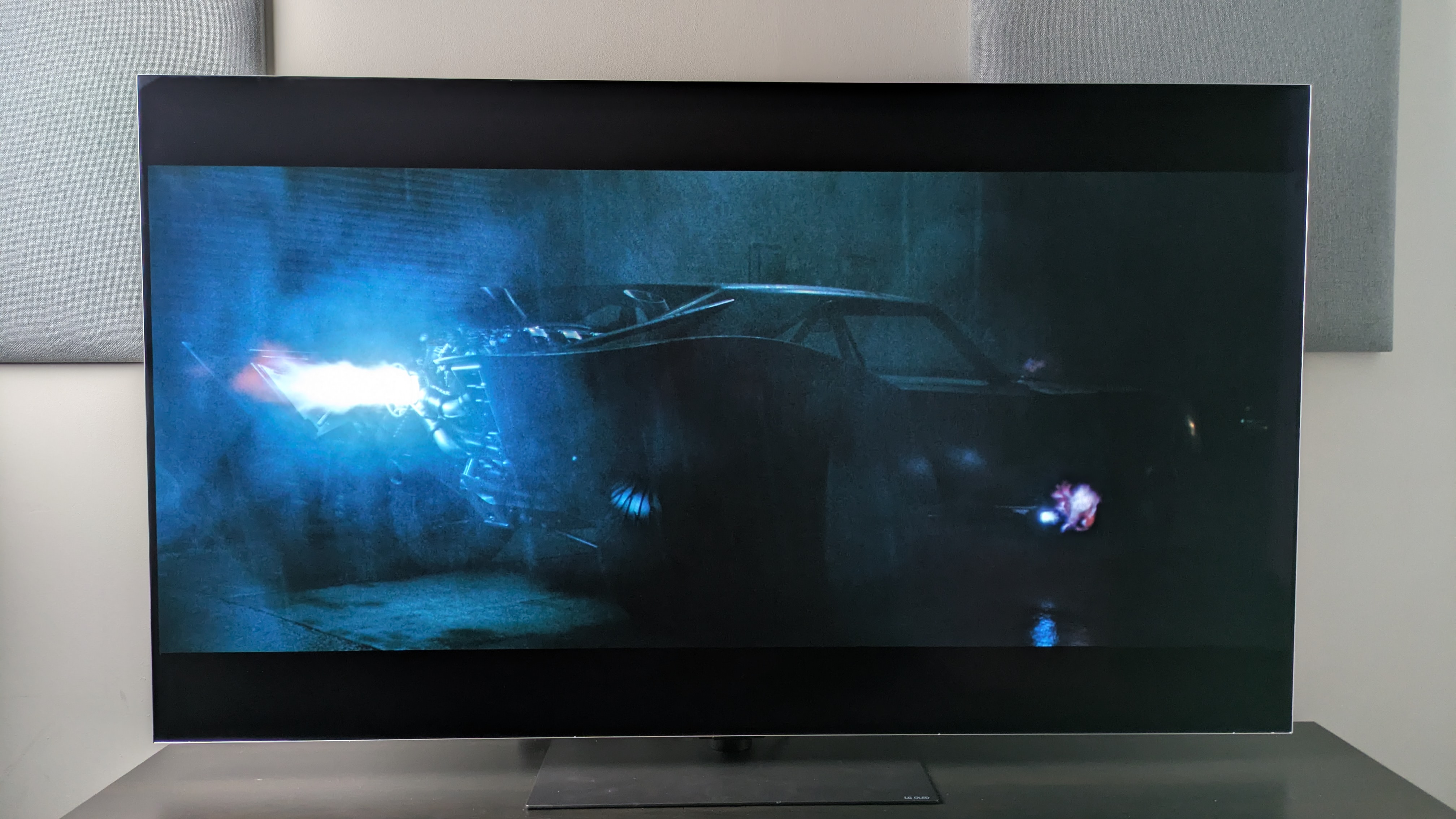 LG G6 OLED TV showing the Batmobile from The Batman igniting its engine. This was one of the main scenes used for G6 sound testing