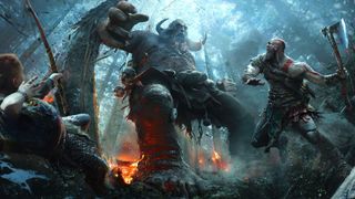 Art of Kratos and Atreus fighting a giant from God of War