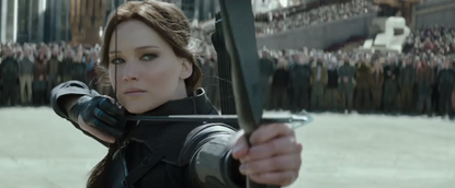 Screenshot of Jennifer Lawrence in the movie trailer for The Hunger Games: Mockingbird Part 2