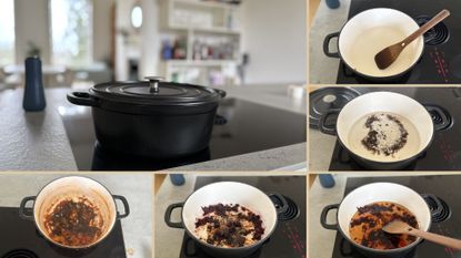 how to clean burnt cast iron: an image of a cast iron pot with the different stages of cleaning around it
