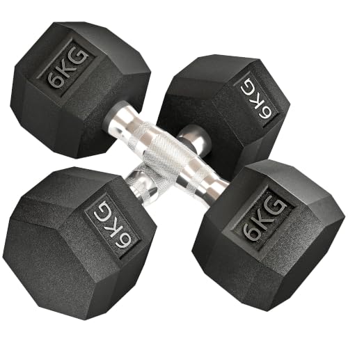 Homcom 2x6kg Rubber Hex Dumbbell Set Anti-Rolling Free Weights Dumbbells | Pair, Knurled Grip, Home Gym, Strength Training Exercise