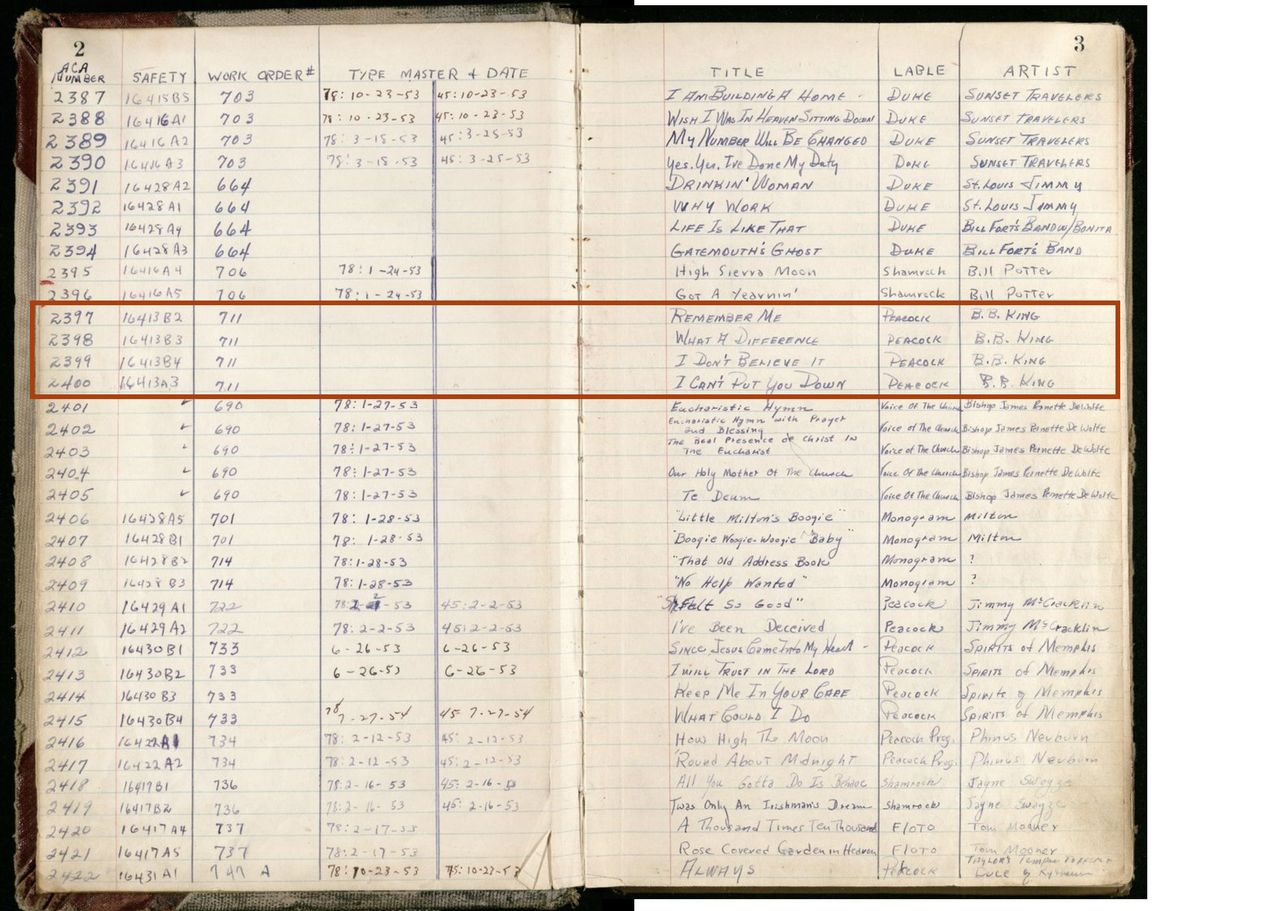 The handwritten ACA Master Book pages detailing B.B. King&rsquo;s 1953 recording sessions at the studio