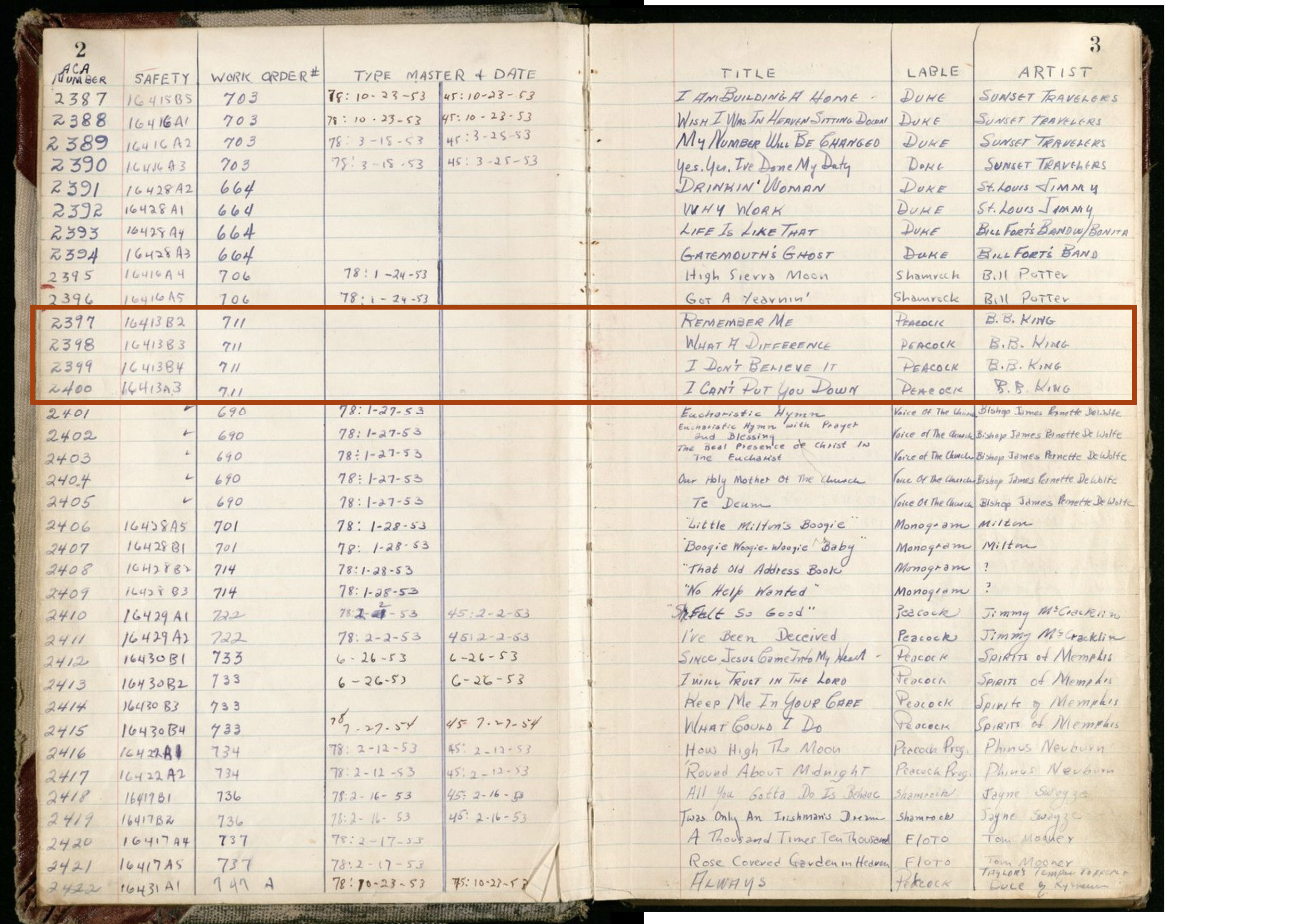 The handwritten ACA Master Book pages detailing B.B. King’s 1953 recording sessions at the studio