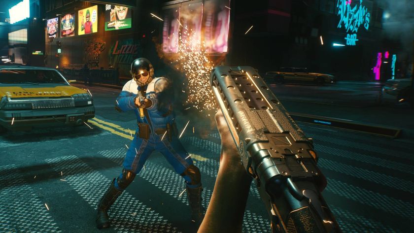 The player in Cyberpunk 2077 holding a double-barreled sawn-off shotgun, shooting a police officer in the road.