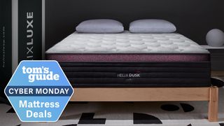 A Helix Dusk Luxe Mattress on a bed frame in a bedroom, a Tom's Guide Cyber Monday mattress deals graphic (left)