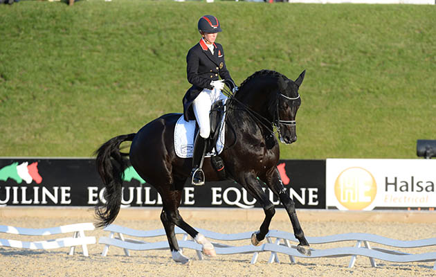 Laura TOMLINSON riding DUVALS CAPRI SONNE JR; 2nd in the Dressage Competition at Bolesworth CSI **** International, at Bolesworth Castle, Tattenhall, near Chester on the 18th June 2015