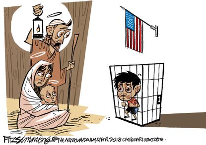 Political cartoon U.S. border children in cages immigration family holiday season