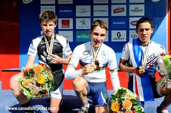 Junior men's cross country podium (l-r): Anton Cooper, Victor Koretzky, Andrey Fonseca