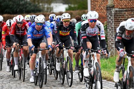 NIVONE, BELGIUM - FEBRUARY 28: (L-R) Kaden Groves of Australia and Team Alpecin-Premier Tech and Tim Wellens of Belgium and UAE Team Emirates - XRG compete during the 21st Omloop Het Nieuwsblad 2026, Men's Elite a 207.2km one day race from Ghent to Ninove / #UCIWT / on February 28, 2026 in Ninove, Belgium. (Photo by Tim de Waele/Getty Images)