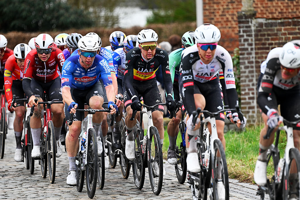 NIVONE, BELGIUM - FEBRUARY 28: (L-R) Kaden Groves of Australia and Team Alpecin-Premier Tech and Tim Wellens of Belgium and UAE Team Emirates - XRG compete during the 21st Omloop Het Nieuwsblad 2026, Men&amp;apos;s Elite a 207.2km one day race from Ghent to Ninove / #UCIWT / on February 28, 2026 in Ninove, Belgium. (Photo by Tim de Waele/Getty Images)