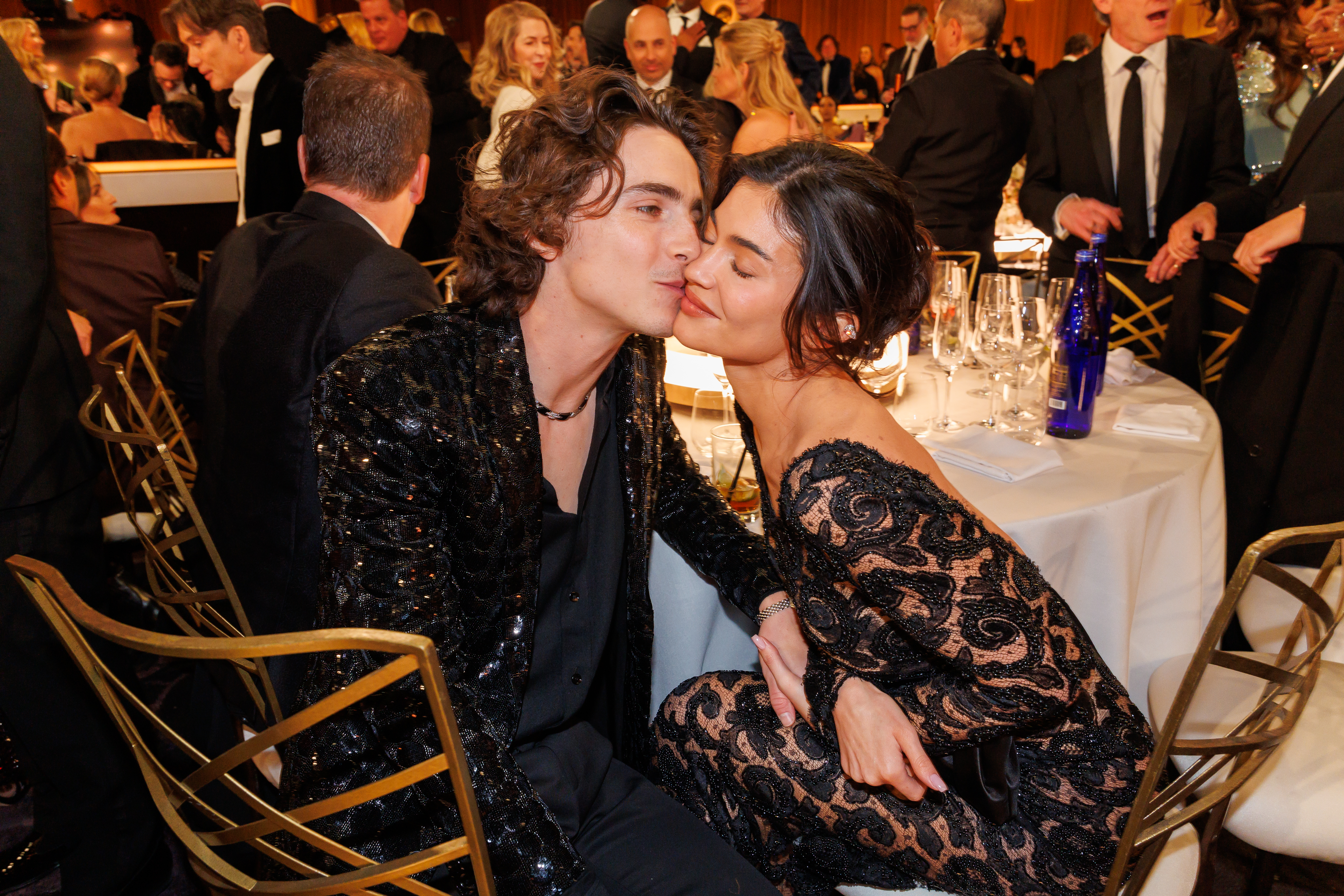 Timoth&amp;eacute;e Chalamet and Kylie Jenner at the 81st Golden Globe Awards held at the Beverly Hilton Hotel on January 7, 2024 in Beverly Hills, California.