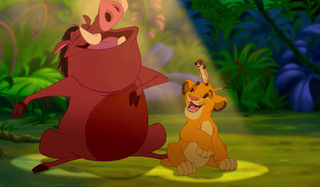 Pumbaa, Timon and Simba during Hakuna Matata scene in The Lion King