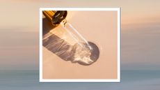 A close up of a glass pipette and a clear, gel-like serum on a beige background to illustrate applying hyaluronic acid wrong/ in a blue and beige sunset-like template