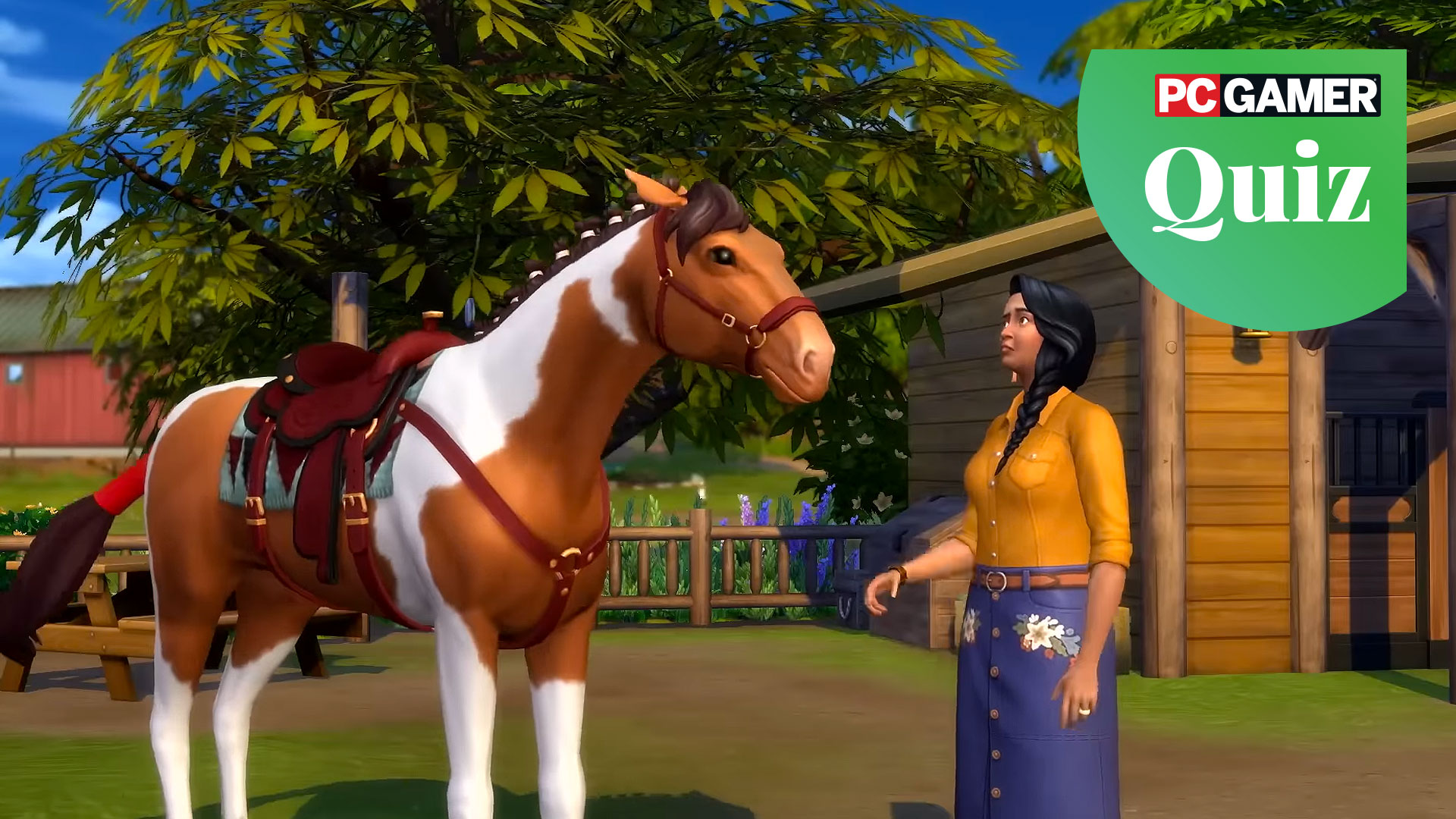 The Sims 4 horse expansion - A brown and white paint horse standing beside its disappointed owner. 