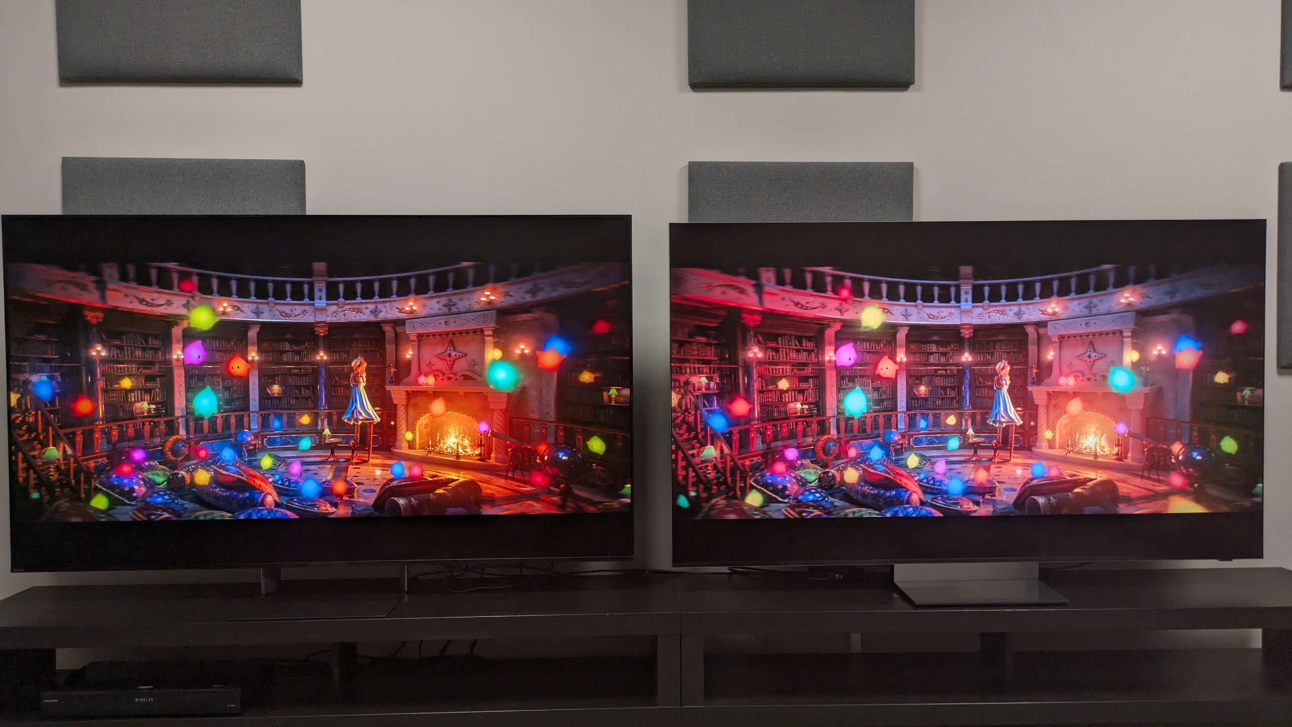 Sony Bravia 9 II vs Samsung R95H showing the Lumas from The Super Mario Galaxy Movie. Both TVs show excellent colors, with the Bravia 9 II's looking richer and the R95H's looking brighter
