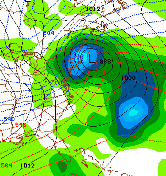 A very long-range computer-model run simulates a strong winter storm over the northeastern United States at 7 a.m. on Saturday, February 1. This 384-hour forecast run was produced Jan. 16, 2013, by the National Weather Service's Global Forecast System operational model. Although the storm appears ominous, long-range models can vary widely from one run to the next.
