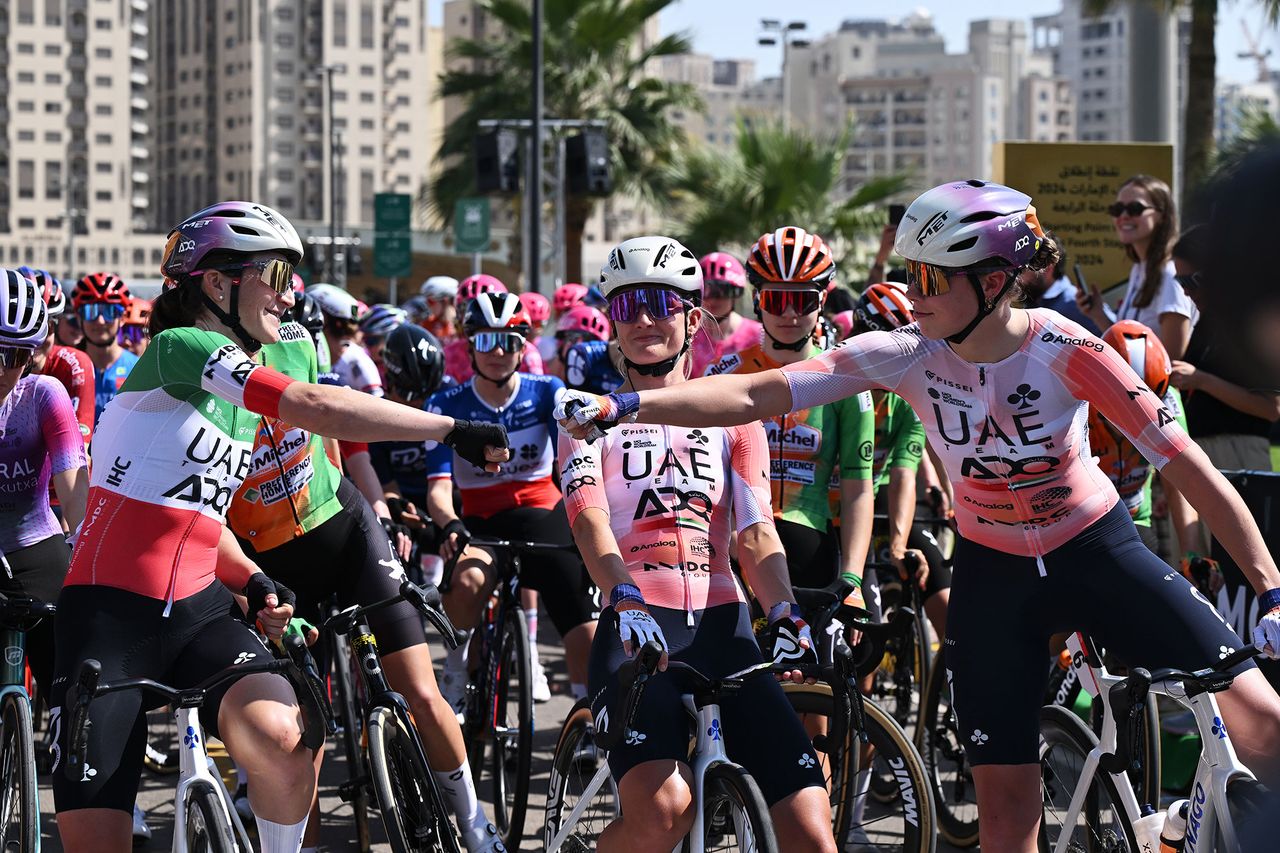 All smiles for UAE Team ADQ at the start of their home race