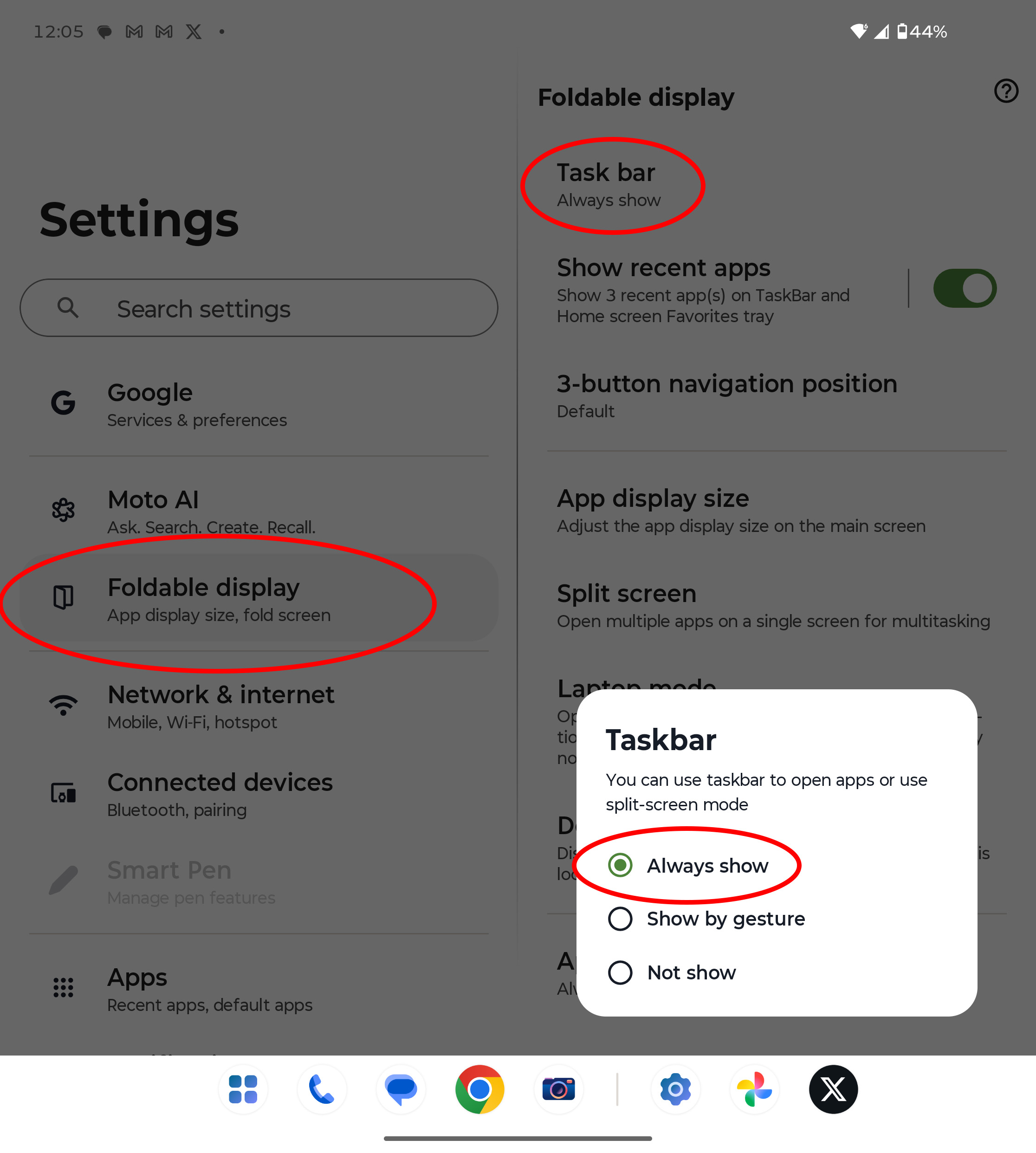 How to enable the always-available taskbar on a Motorola Razr Fold