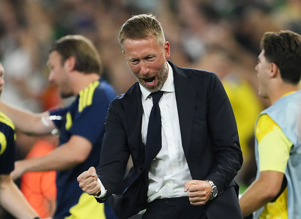 Graham Potter celebrates during Sweden's World Cup victory over Tunisia