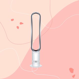 Dyson Cool AM07 Tower Fan on pink graphic background