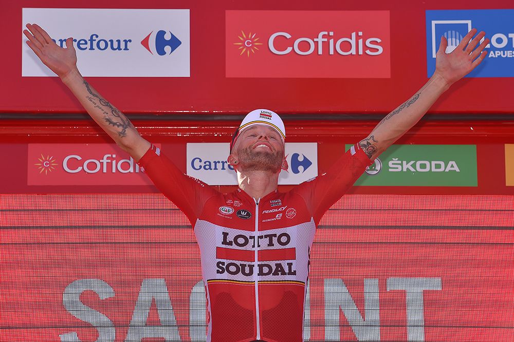 Tomasz Marczynski (Lotto Soudal) on stage after winning stage 6 at the Vuelta
