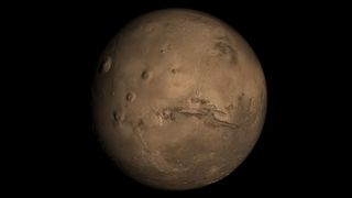 A view of Mars centered on the massive Valles Marineris canyon, based on data gathered by NASA's Mars Global Surveyor.