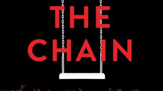 Title text for The Chain in front of a child's swing on the cover of the book. 