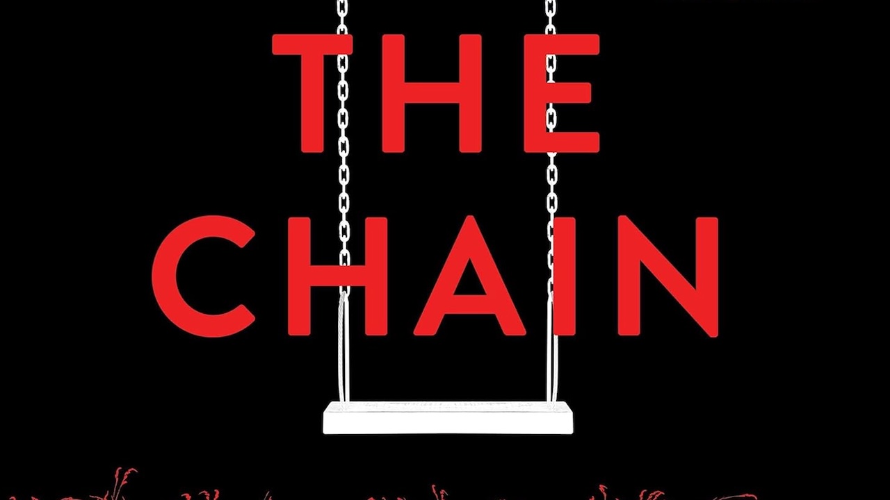 Title text for The Chain in front of a child's swing on the cover of the book. 