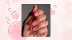 A hand with a sheer, rose water-like manicure by nail artist Mateja Novakovic (matejanova), featured on a pink watercolour paint-style template with pink water droplets