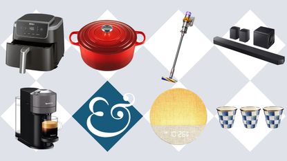 A Ninja air fryer, Le Creuset dish, Dyson cordless vacuum, Samsung sound system, Nespresso coffee maker, Dreamegg sunrise alarm clock, and three herb pots on tile background with Homes & Gardens '&' logo.