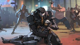 Ramattra cradles a dead omnic, kneeling on the ground. Behind him are humans brandishing chains, bottles and bats ready to attack.
