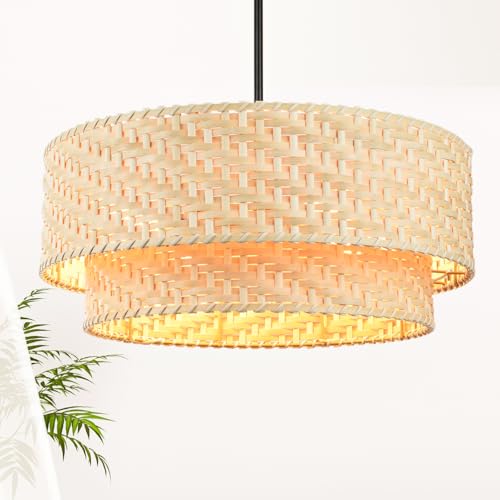 20" Boho Farmhouse Bamboo Chandelier Light Fixture &amp;ndash; 2 Tier Rattan Chandelier for Dining Room, Kitchen Island, Entryway, Bedroom, Living Room, Foyer, Nursery &amp;ndash; 4-Light Natural Wicker Ceiling Pendant