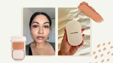 Aleesha Badkar wearing Laura Mercier Real Flawless Feather Matte Powder Foundation, next to an image of her holding it and a swatch