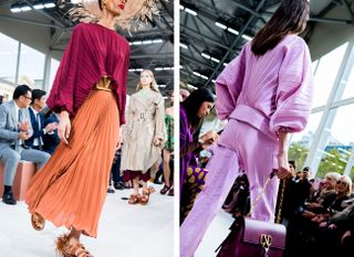 Models wear pleated skirt, trousers and blouses with feather hat and burgundy bag at Valentino S/S 2019