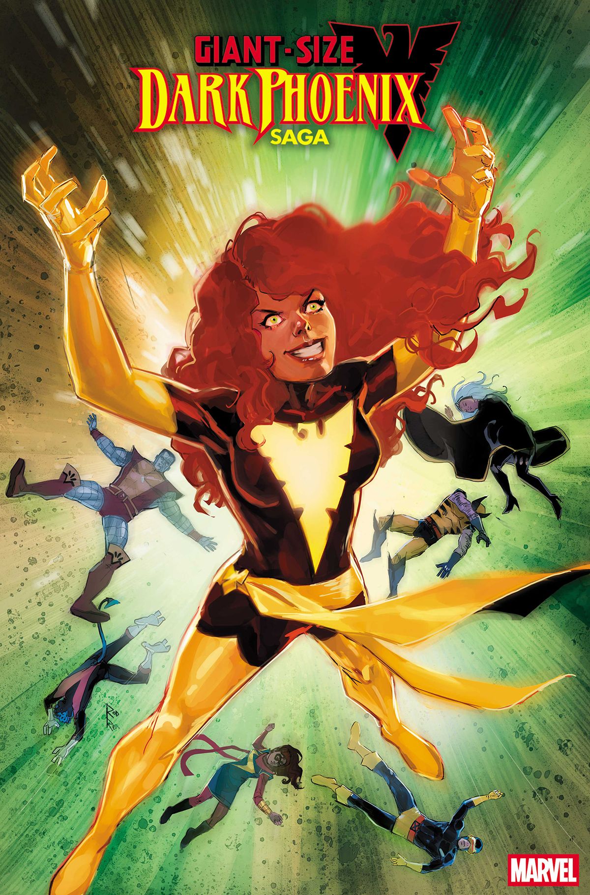 Jean Grey standing over the X-Men in an homage to the cover of Uncanny X-Men #135, with Kamala Khan added in