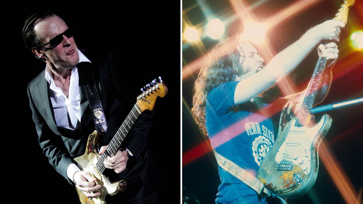 Joe Bonamassa [left] and the late Irish blues-rock legend Rory Gallagher. Bonamassa is pictured playing Gallagher&#039;s Strat in 2011. Gallagher is playing it in 1975, in an archive live shot criss-crossed with stagelights.