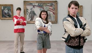Alan Ruck, Mia Sara, and Matthew Broderick posing in an art museum in Ferris Bueller's Day Off.