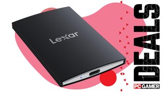An image of a Lexar SL500 external SSD, against a colorful background with the phrase 'Deals' on the right, above a PC Gamer logo