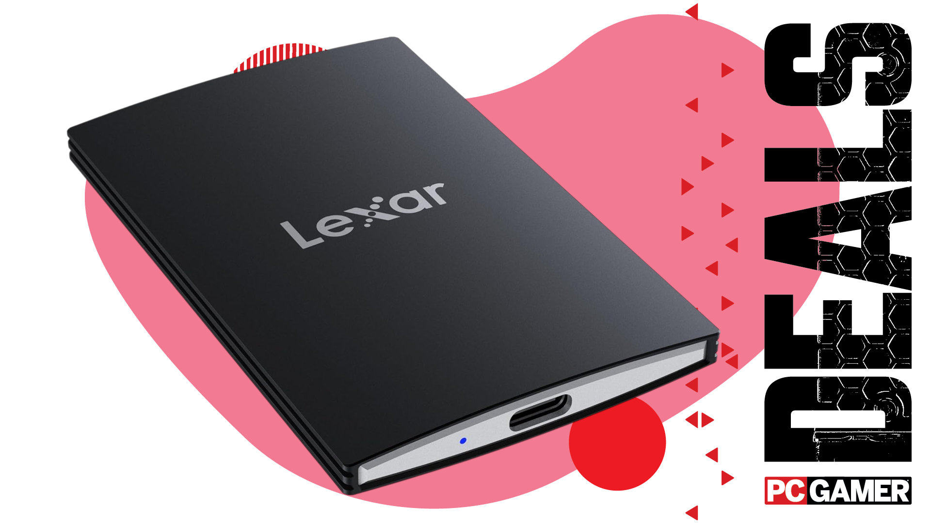 An image of a Lexar SL500 external SSD, against a colorful background with the phrase 'Deals' on the right, above a PC Gamer logo