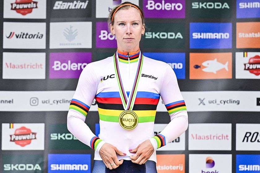 Dutch racer Lorena Wiebes pictured on the podium after the women elite race at the UCI World Gravel Championships, Saturday 11 October 2025, in Maastricht, The Netherlands. BELGA PHOTO DIRK WAEM (Photo by DIRK WAEM / BELGA MAG / Belga via AFP)