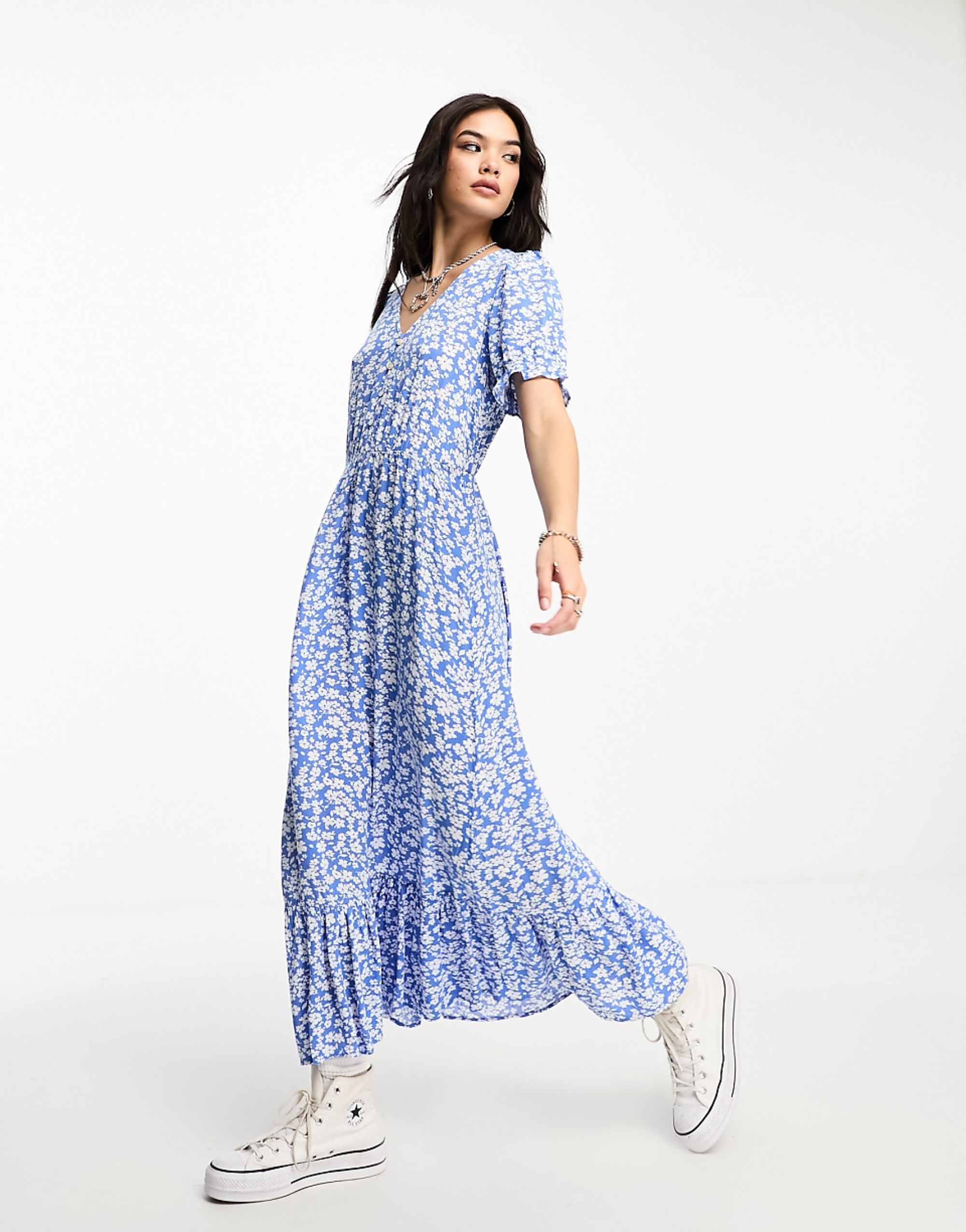 Only Puff Sleeve V Neck Maxi Dress in Blue Floral