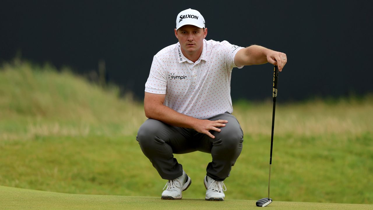 Sepp Straka lines up a putt on the 18th hole at the Open Championship.