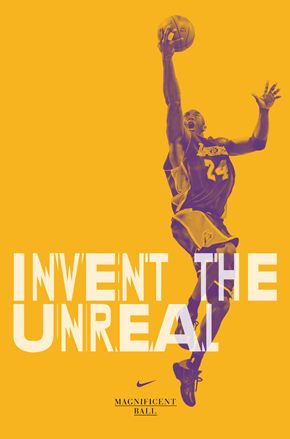 A basketball player in purple on a yellow background. The writing on it says 'Invent The Unreal'.