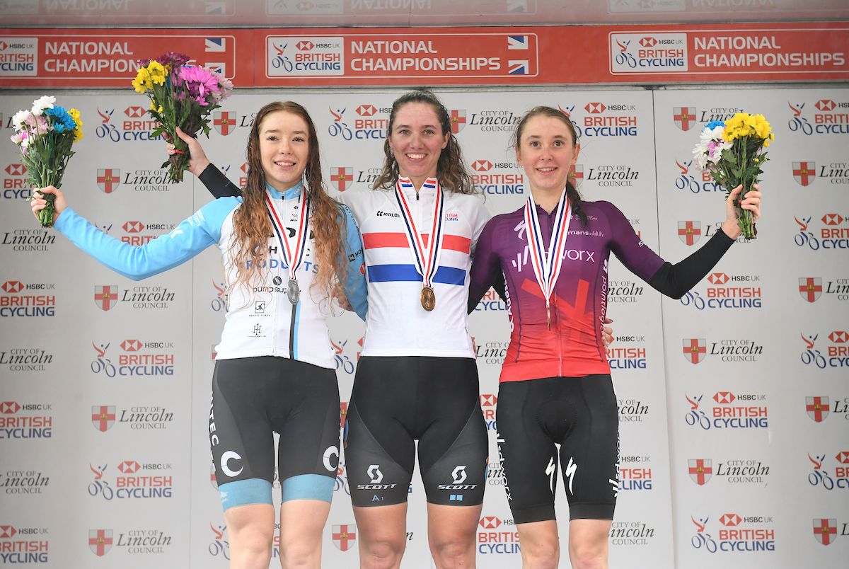 Picture by Simon Wilkinson/SWpix.com - 17/10/2021 - Cycling - Women's National Road Championships - Rapha Lincoln GP - Lincoln, England - Podium - U23 winner is DSM's Pfeiffer Georgi with Team Coop-Hi Tec Products Josie Nelson in second place &amp; SD Worx's anna Shackley in third.