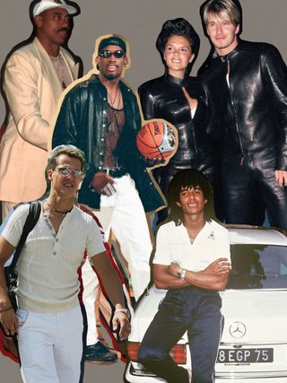 Collage of stylish professional athletes throughout history, including Wilt Chamberlain, Dennis Rodman, David Beckham with Victoria Beckham, Michael Schumacher, and Yannick Noah.