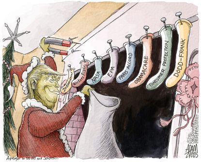 Political cartoon U.S. Donald Trump Grinch Christmas holiday